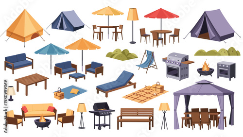 Comprehensive set of outdoor living and camping equipment featuring various tents patio furniture grills and garden decorations.