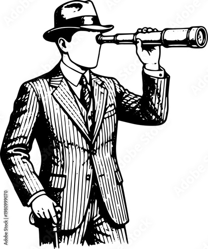 Black and White Vintage Vector Illustration of Man in Fedora Suit Looking Through Telescope or Spyglass
