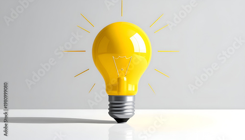 A brightly lit yellow lightbulb stands prominently against a neutral gray background, symbolizing innovation and ideas.
