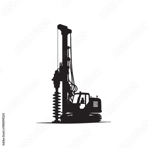 Black silhouette of large drilling rig machine with auger and cab on white background.