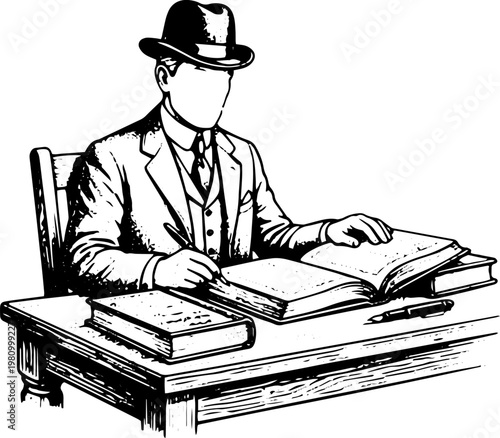 Black and White Vintage Vector Illustration of Man in Suit and Hat Reading Large Book at Desk with Books and Pen