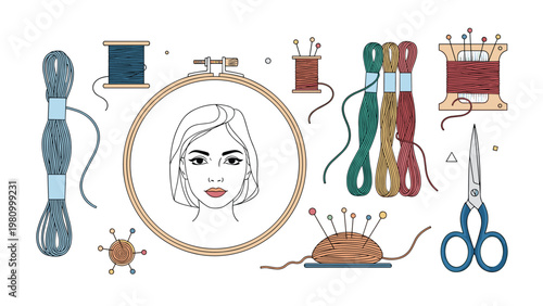Creative set of embroidery supplies and tools featuring a hoop with a portrait sketch colorful threads needles and blue scissors.