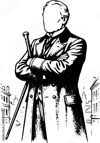 Black and White Vintage Vector Illustration of Distinguished Man in Overcoat Standing with Crossed Arms and Cane