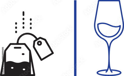 Tea bag and wine glass minimalist vector illustration for beverage choice and lifestyle comparison concepts