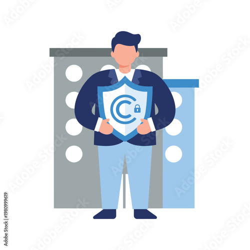Man Holding Shield With Copyright Symbol Guardian Illustration.