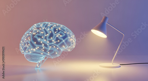 A glowing brain outline with circuit patterns is illuminated by a desk lamp, symbolizing intelligence and thought.