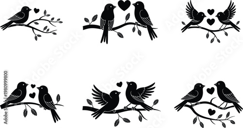 Lovebirds, silhouettes, birds, branch, hearts, romantic, black, vector, illustration, couple, nature, wedding, valentine, clipart, design, isolated, set, decorative