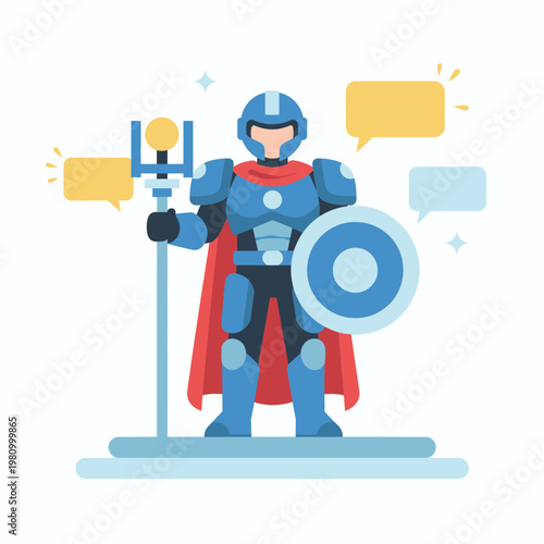 Mighty armored hero with shield standing on pedestal.