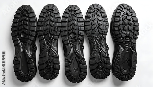 A row of five black shoe soles are displayed against a clean white background.