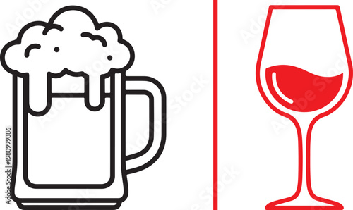 Beer mug and wine glass vector icons separated by a vertical line for bar and restaurant menu design