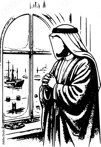 Black and White Vector Illustration of Two Arab Businessmen in Thobe Shaking Hands with Document and Map