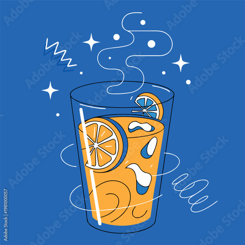 A colorful vector illustration of a glass mug filled with fresh citrus juice
