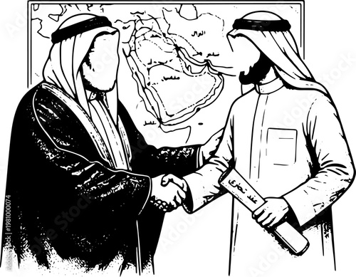 Black and White Vector Illustration of Arab Man in Traditional Thobe Reading Arabic Book in Ornate Chair