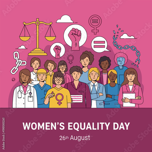 Women's Equality Day. Diverse Professional Women Breaking Chains for Women's Equality Day Vector Illustration.