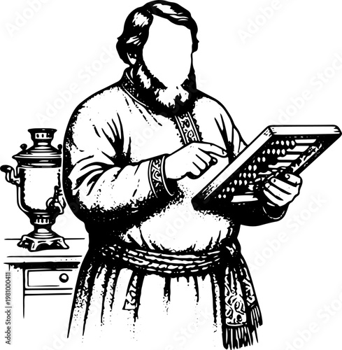 Black and White Vintage Vector Illustration of Man in Suit and Cap Gesturing on Podium Giving Speech