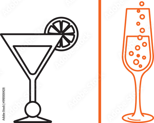 Minimalist vector illustration of martini and champagne glass icons for bar menu and celebration design