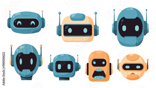 Variety of cute robot head icons with different expressions and designs showcasing various artificial intelligence personalities.