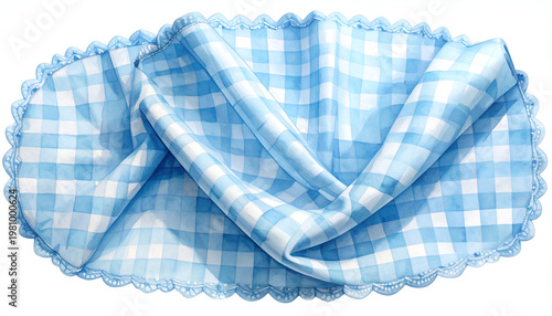 A delicately painted watercolor illustration depicts a light blue gingham tablecloth with a scalloped edge.