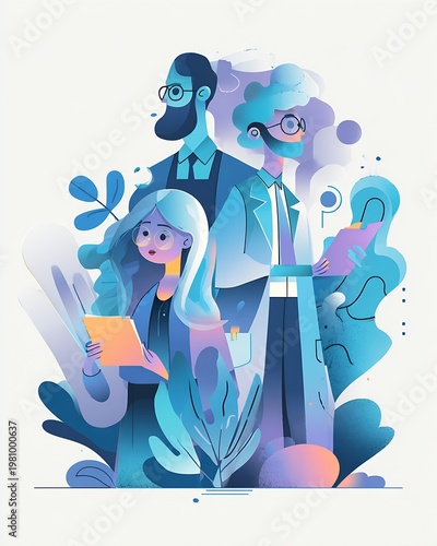 Abstract blue gradient illustration of a three person professional team with tablet and clipboard among decorative foliage