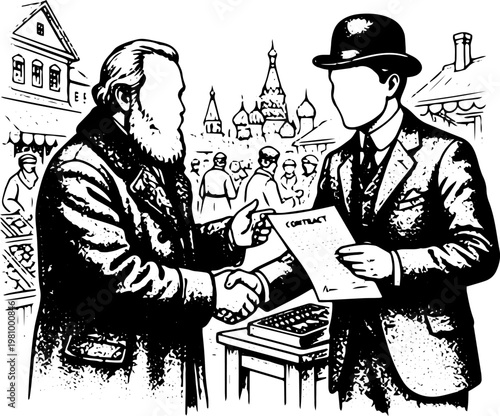 Black and White Vintage Vector Illustration of Two Men in Suits Shaking Hands with Document in City Street Scene