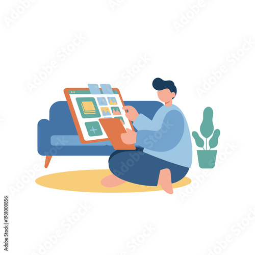Person Reading Magazine Illustration On Cozy Sofa.