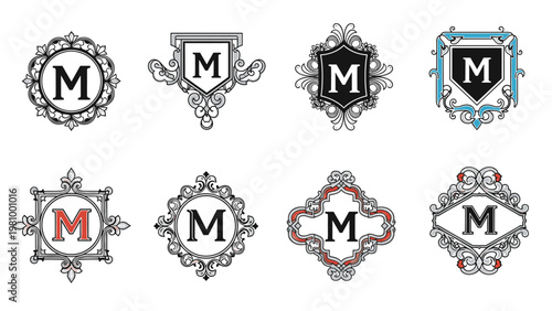 Set of elegant vintage monogram designs featuring the letter M enclosed in various ornamental crests and floral frames.