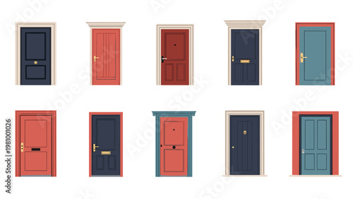 Assortment of colorful house front doors in various architectural styles featuring panels, windows, and decorative hardware.
