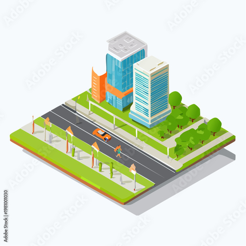 Isometric Cityscape with Buildings, Trees, Road, and Cars in a Vibrant Urban Environment