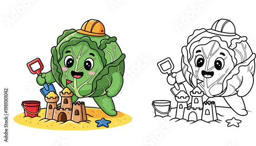 Cute Cabbage Character Building Sandcastle on the Beach, Cartoon Vegetable Mascot and Coloring Page Illustration