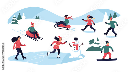 People enjoying winter outdoor activities including ice skating, sledding, snowboarding, and building a snowman in the hills.
