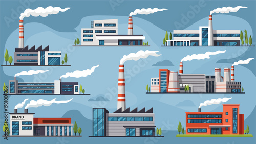 Collection of various modern and industrial factory buildings with tall chimneys emitting white smoke into the sky.