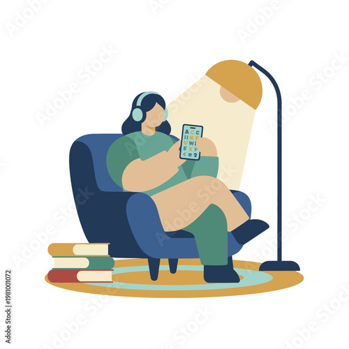 Person Reading On Chair With Mobile Device And Headphones.
