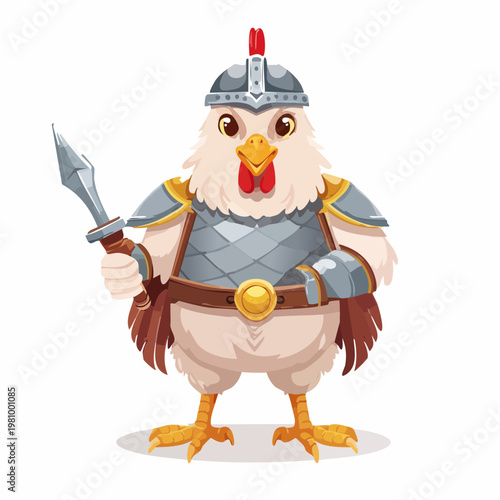 Brave feathered knight ready for adventure, standing tall in gleaming armor with a sharp spear