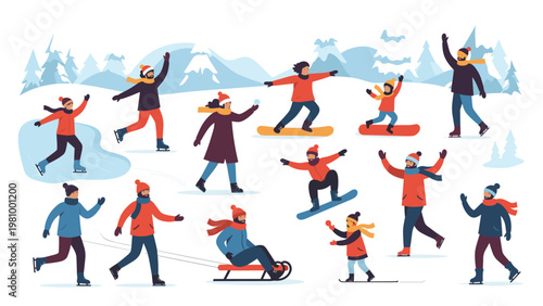 Active people and families enjoying winter sports like skiing, snowboarding, skating, and sledding on a snowy landscape.