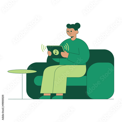 Person Reading Tablet on Sofa in Relaxed Indoor Setting.