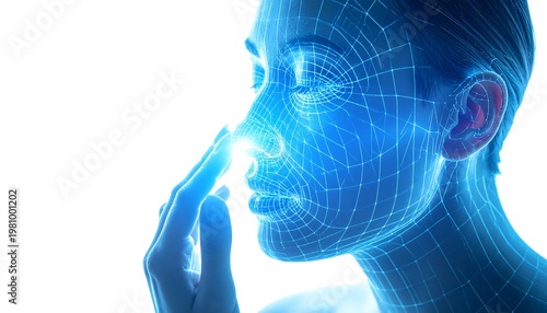 A person's face is overlaid with a futuristic blue mesh. A hand gently touches the nose, emphasizing detail. The lighting is bright, with a white backdrop