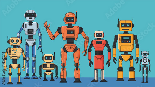 Group of diverse robots in different sizes, shapes, and colors like orange and blue standing together on a plain background.