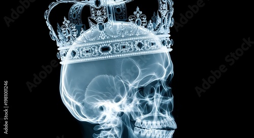 Xray image of a human skull wearing a crown on black background
