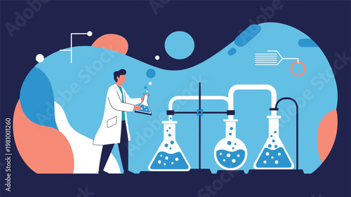 Scientist in a white lab coat working in a laboratory with complex glassware and flasks for chemical research.