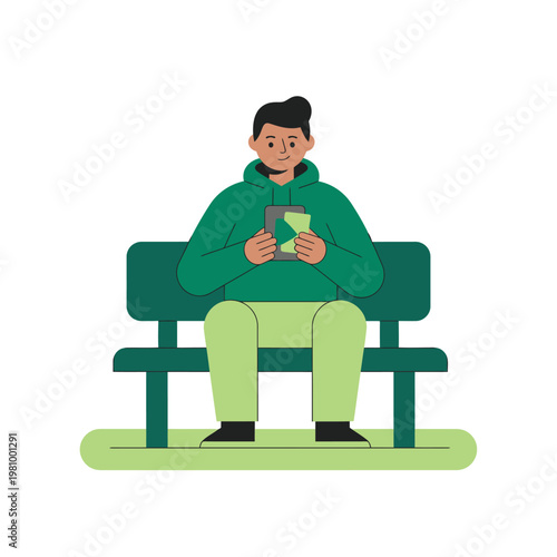 Man Sitting on Bench Using Smartphone.