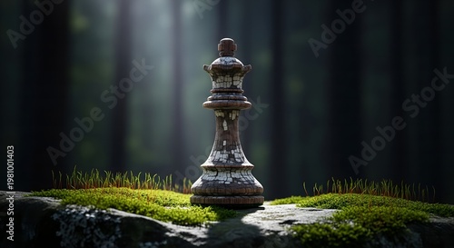 A weathered chess king piece standing on a mossy stone in a forest