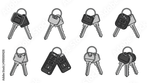 Collection of various car keys and electronic key fobs on rings in grey and black shades.