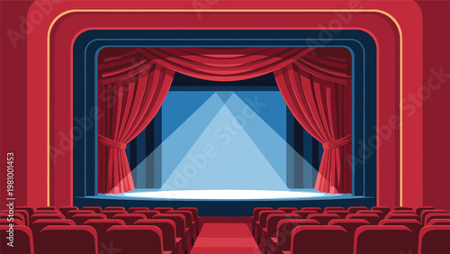 Grand theater stage with open red velvet curtains and bright spotlights shining down on the empty performance area at night.