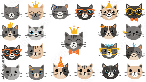 Extensive collection of funny cat head icons featuring a wide variety of facial expressions and cute accessories like glasses.