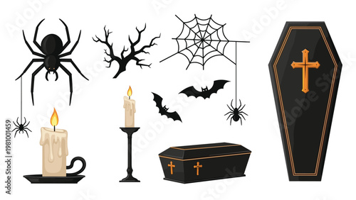 Set of spooky Halloween decorative elements including spiders, bats, cobwebs, burning candles, and wooden coffins.
