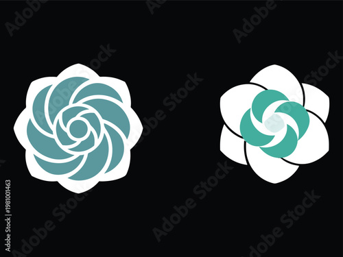 Teal and white spiral shapes on black background  abstract designs  graphic elements