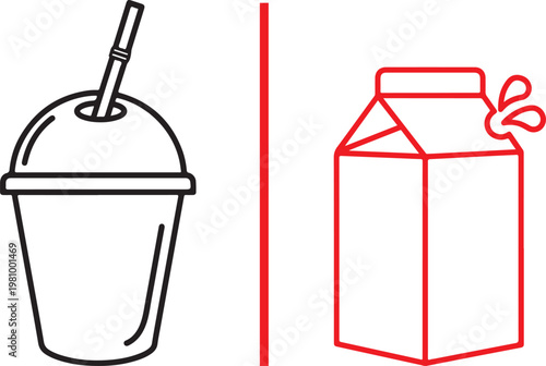 Minimalist vector illustration of a plastic cup with straw and a milk carton icon for food and beverage packaging design