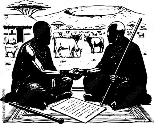 Black and White Vector Illustration of Two Bedouin Men in Traditional Robes Sitting on Rug Shaking Hands with Contract