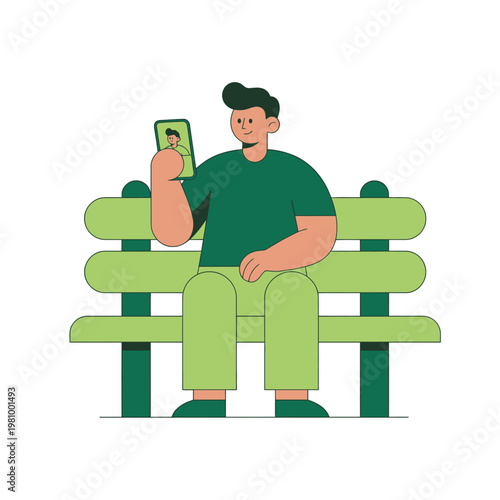 Man Sitting on Bench Looking at Smartphone.