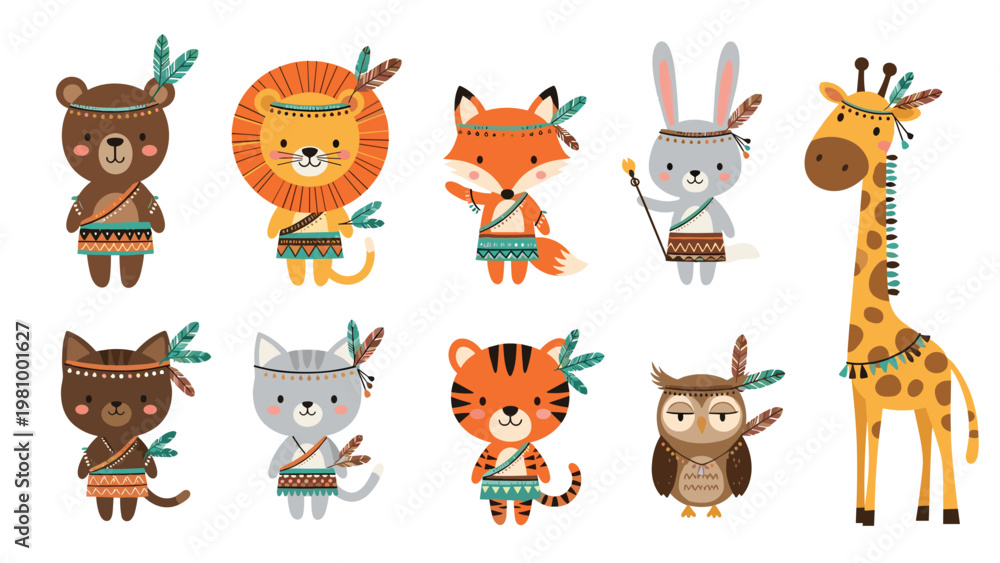 Obraz premium Adorable set of diverse cartoon animals dressed in various tribal style outfits with colorful feathers and patterned clothing.